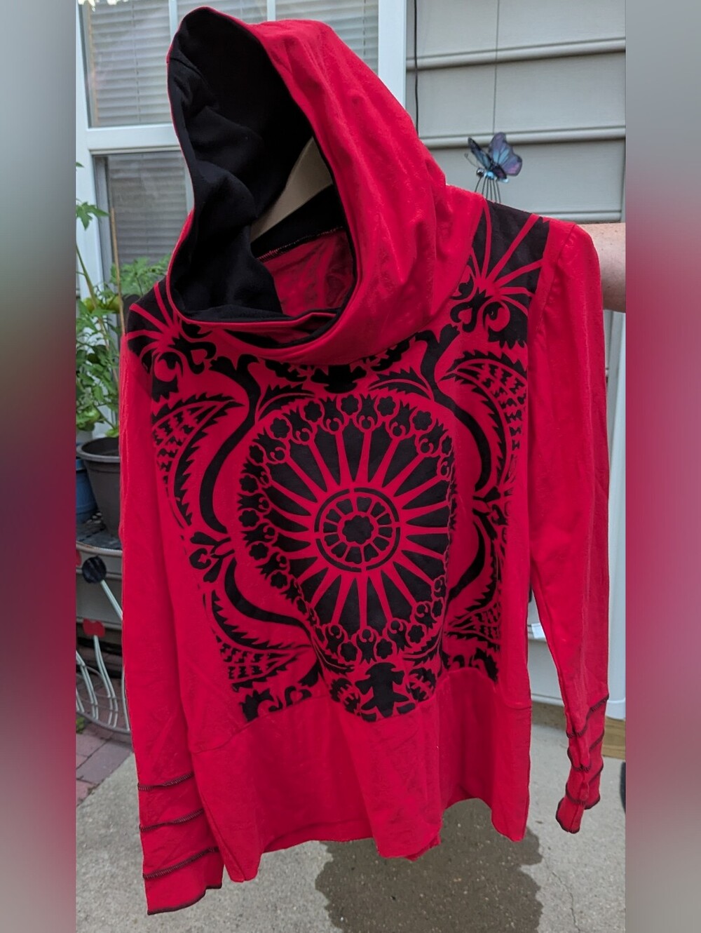 Red Designer Hoodie W/Black Stained Glass Mandala Print & Comfy Oversized Hood